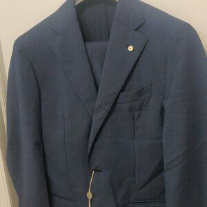 LBM 1911 Lubiam navy check 36US 46EU slim skinny fit unlined low rise 100% wool